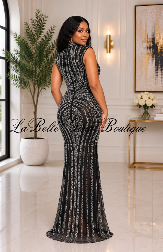 Midnight Majesty Black Rhinestone Mermaid Gown – Sheer Sparkle Evening Dress