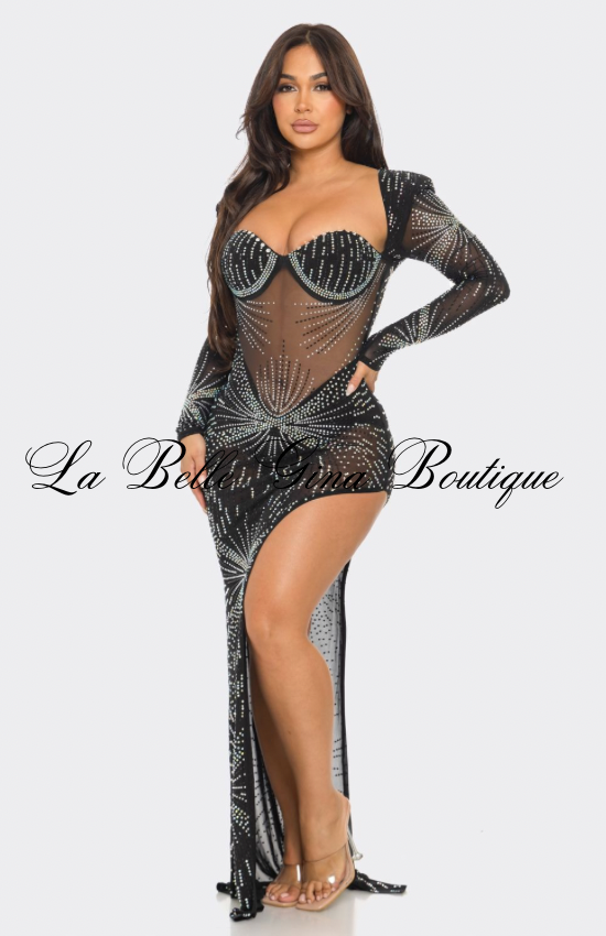 Sparkle Horizon Rhinestone Sheer Maxi Gown – Long Sleeve Cut-Out Slit Dress