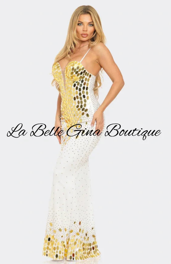 Elegant Gold Mirror Sequin Maxi Dress – White & Black Glam Evening Gown