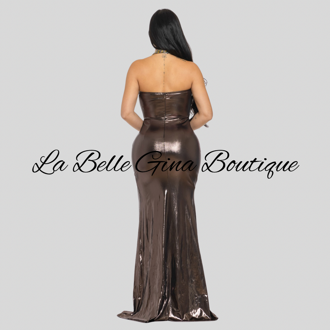 Metallic Halter Split Maxi Dress – Glamorous Bodycon Gown for Parties, Events & Nights Out