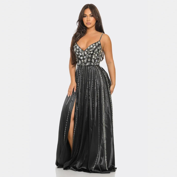 Gina Luxury Rhinestone Embellished Evening Gown – Long Prom, Gala & Red Carpet Dress