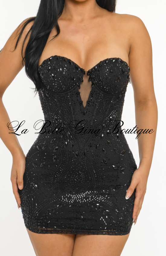 Starlight Rhinestone Strapless Bodycon Mini Dress – Red & Black | Luxury Sparkle Party Dress
