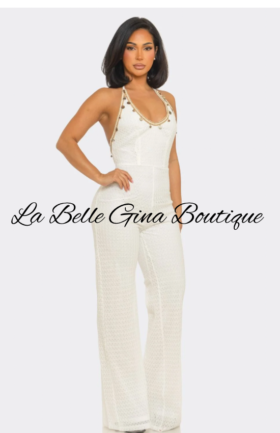 Soleil Crochet Halter Jumpsuit | Elegant Wide Leg Vacation Jumpsuit | La Belle Gina Boutique