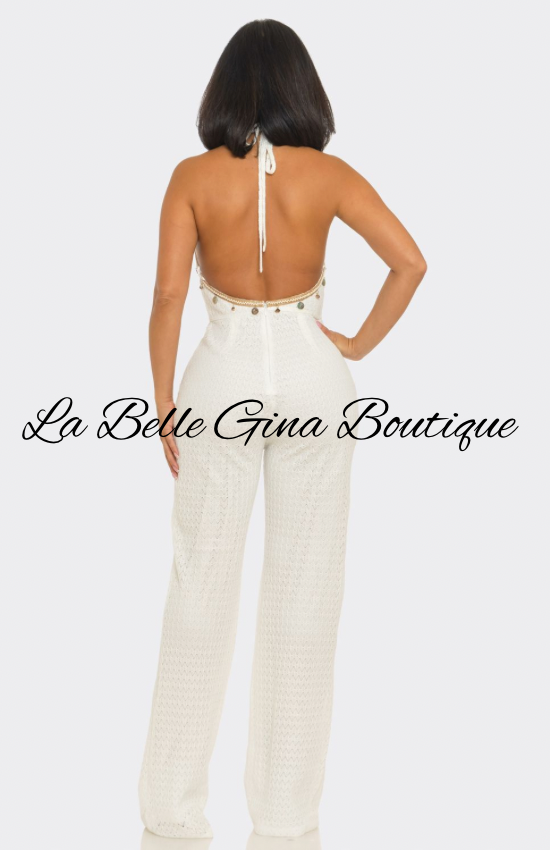 Soleil Crochet Halter Jumpsuit | Elegant Wide Leg Vacation Jumpsuit | La Belle Gina Boutique