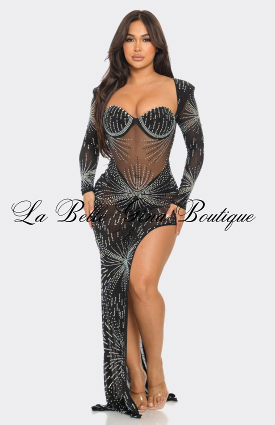 Sparkle Horizon Rhinestone Sheer Maxi Gown – Long Sleeve Cut-Out Slit Dress