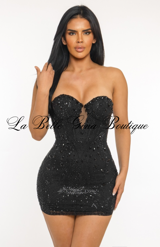 Starlight Rhinestone Strapless Bodycon Mini Dress – Red & Black | Luxury Sparkle Party Dress