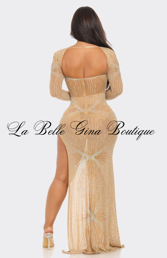 Sparkle Horizon Rhinestone Sheer Maxi Gown – Long Sleeve Cut-Out Slit Dress