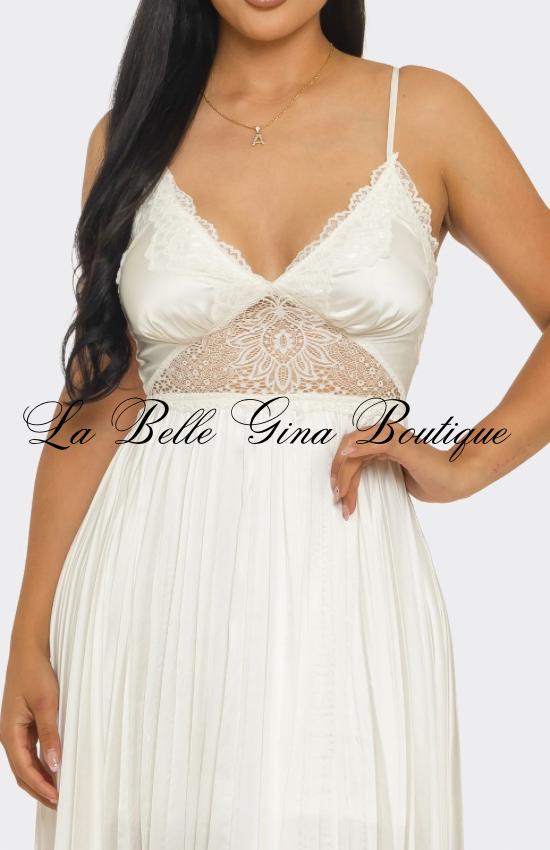 Amour Lace Pleated Maxi Dress – Romantic Cutout Flowy Evening Gown