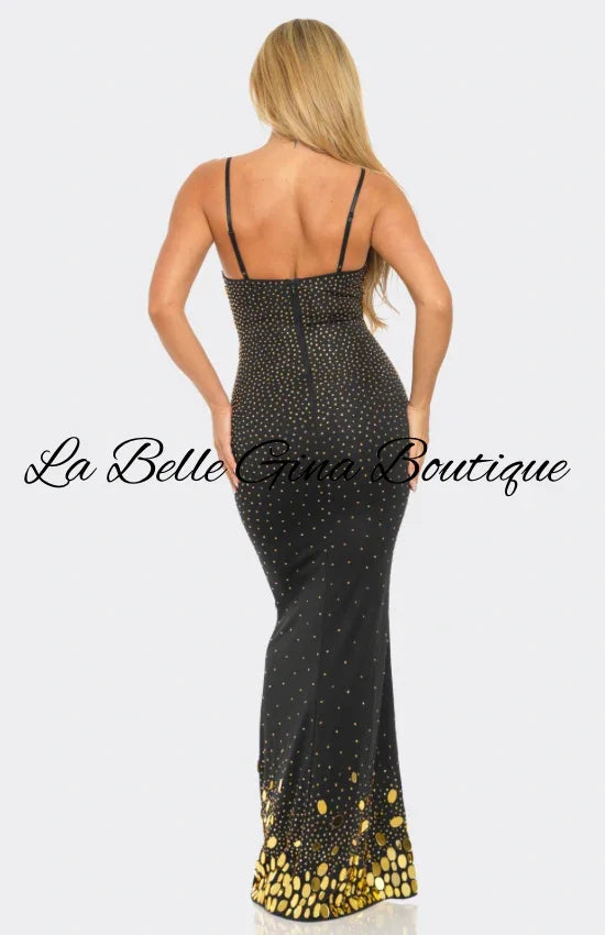 Elegant Gold Mirror Sequin Maxi Dress – White & Black Glam Evening Gown