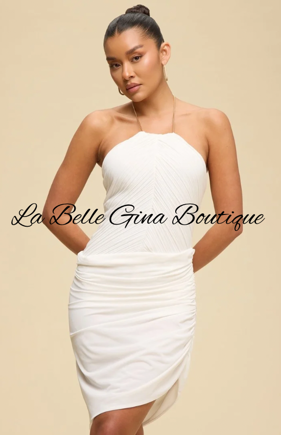 Monroe Pleated Halter Mini Dress | Elegant Ruched Bodycon Dress | La Belle Gina Boutique