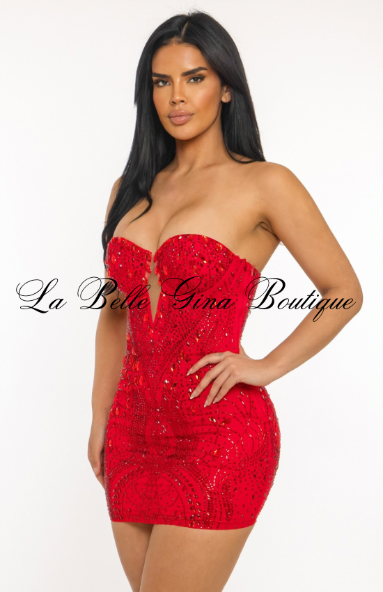 Starlight Rhinestone Strapless Bodycon Mini Dress – Red & Black | Luxury Sparkle Party Dress