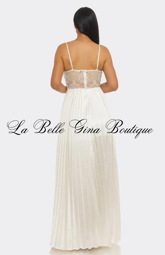 Amour Lace Pleated Maxi Dress – Romantic Cutout Flowy Evening Gown