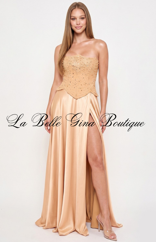 Strapless Satin Corset Maxi Dress for Women | Elegant Formal Evening Gown