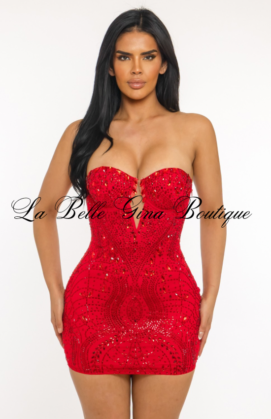 Starlight Rhinestone Strapless Bodycon Mini Dress – Red & Black | Luxury Sparkle Party Dress
