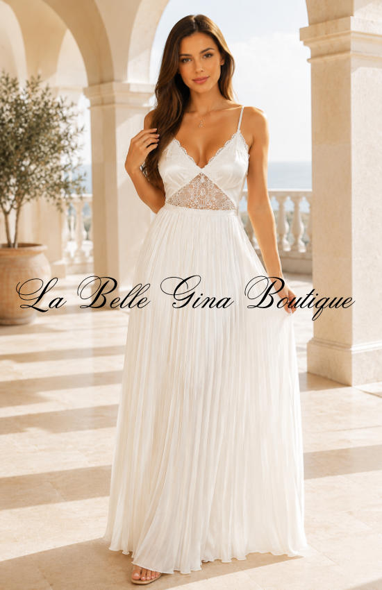 Amour Lace Pleated Maxi Dress – Romantic Cutout Flowy Evening Gown