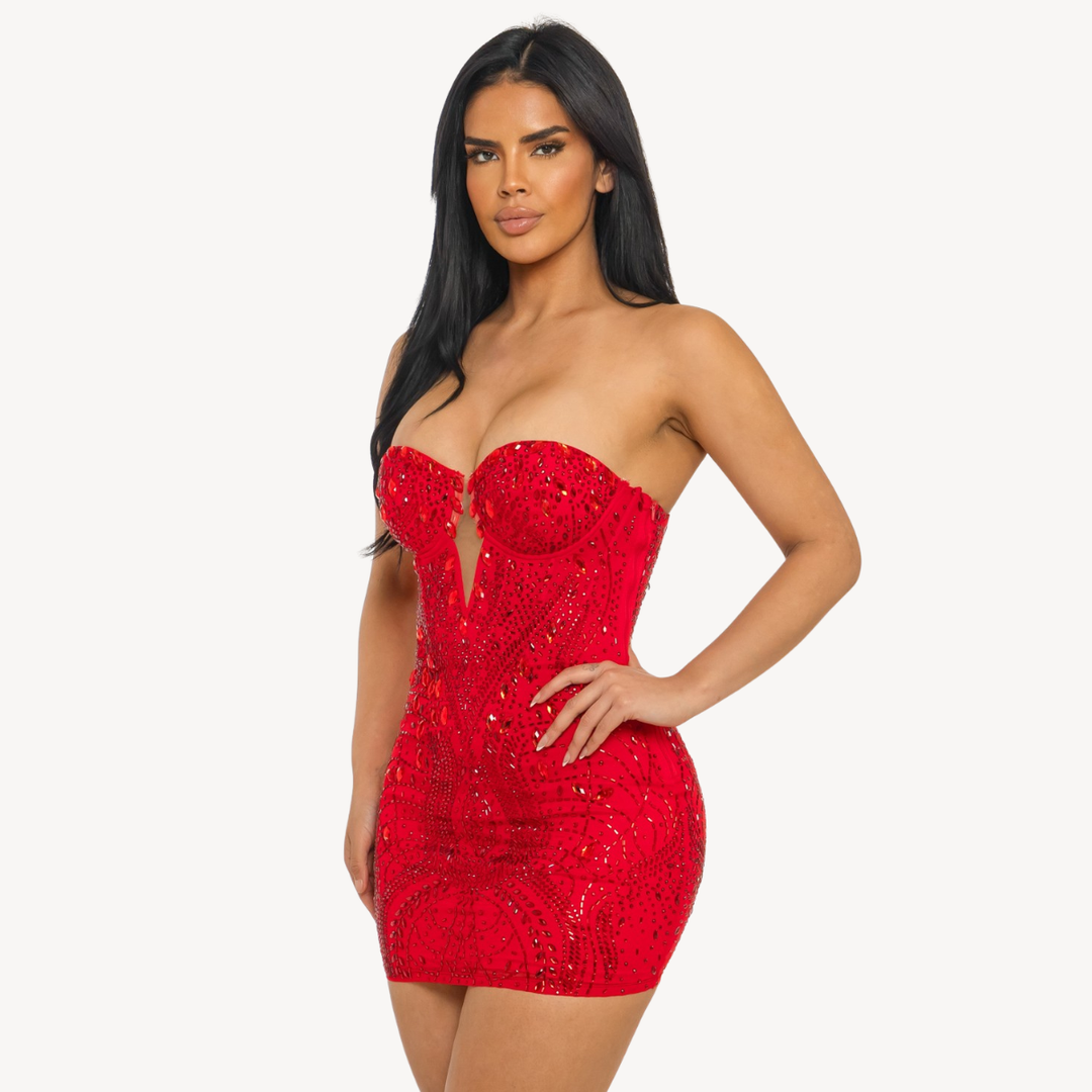 Starlight Rhinestone Strapless Bodycon Mini Dress – Red & Black | Luxury Sparkle Party Dress