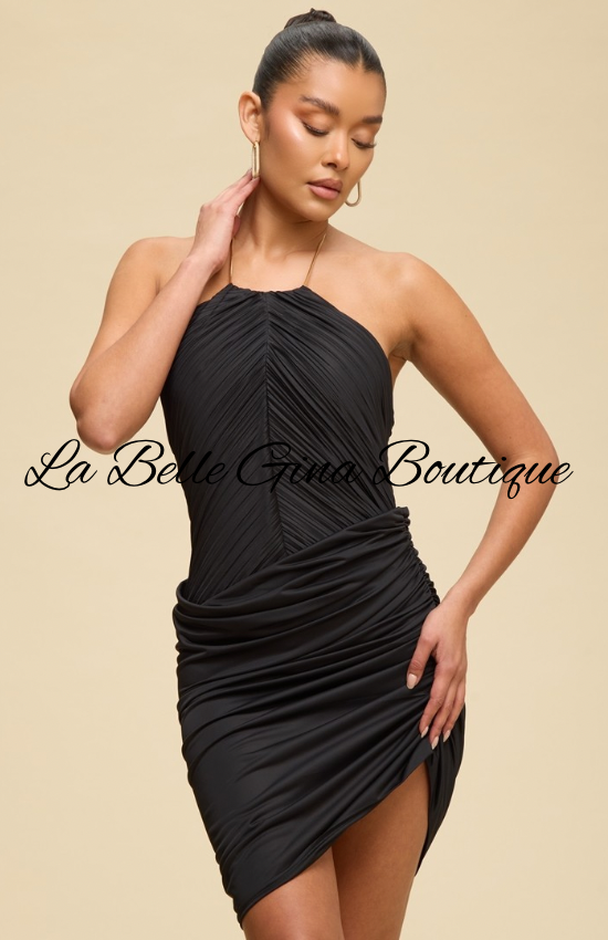 Monroe Pleated Halter Mini Dress | Elegant Ruched Bodycon Dress | La Belle Gina Boutique