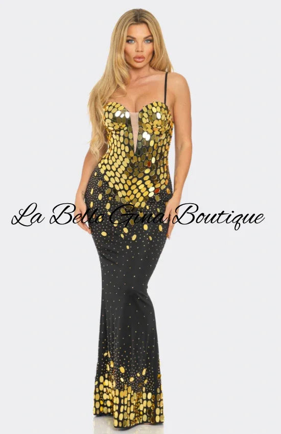 Elegant Gold Mirror Sequin Maxi Dress – White & Black Glam Evening Gown