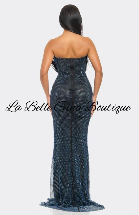 Strapless Blue Rhinestone Feather Mermaid Gown – Elegant Evening & Prom Dress