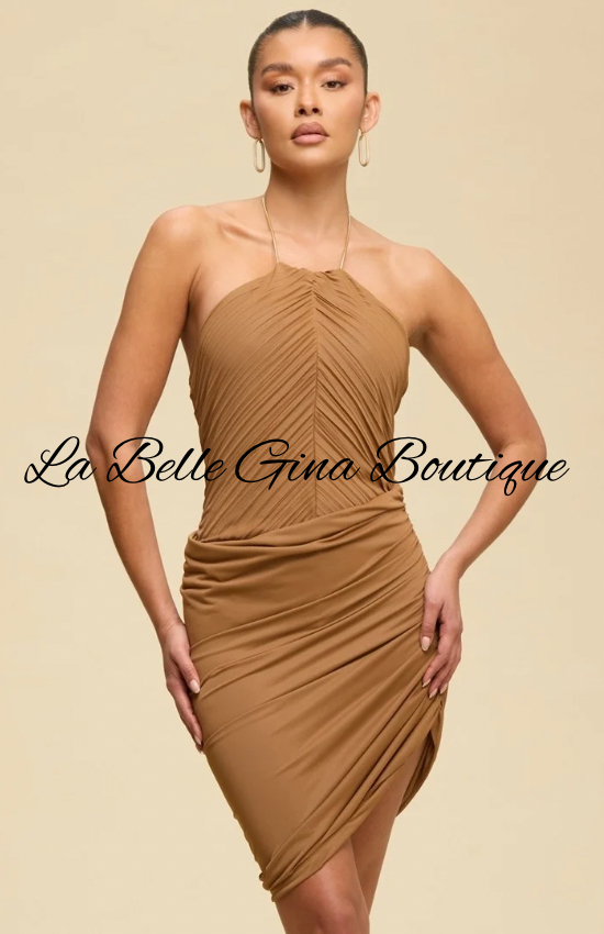 Monroe Pleated Halter Mini Dress | Elegant Ruched Bodycon Dress | La Belle Gina Boutique