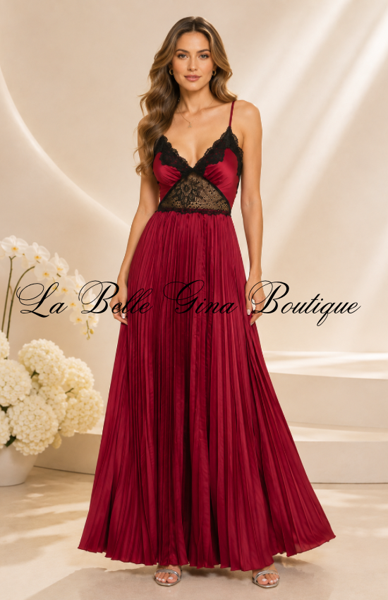 Amour Lace Pleated Maxi Dress – Romantic Cutout Flowy Evening Gown