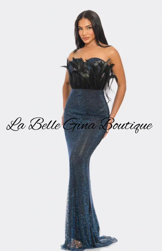 Strapless Blue Rhinestone Feather Mermaid Gown – Elegant Evening & Prom Dress