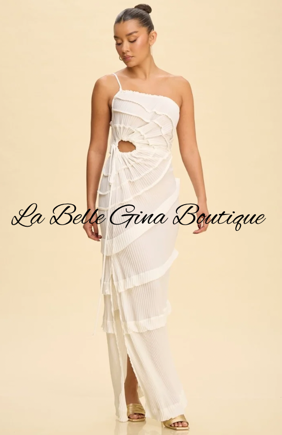 Selene Pleated Cutout Maxi Dress | Elegant One Shoulder Ruffle Dress | La Belle Gina Boutique