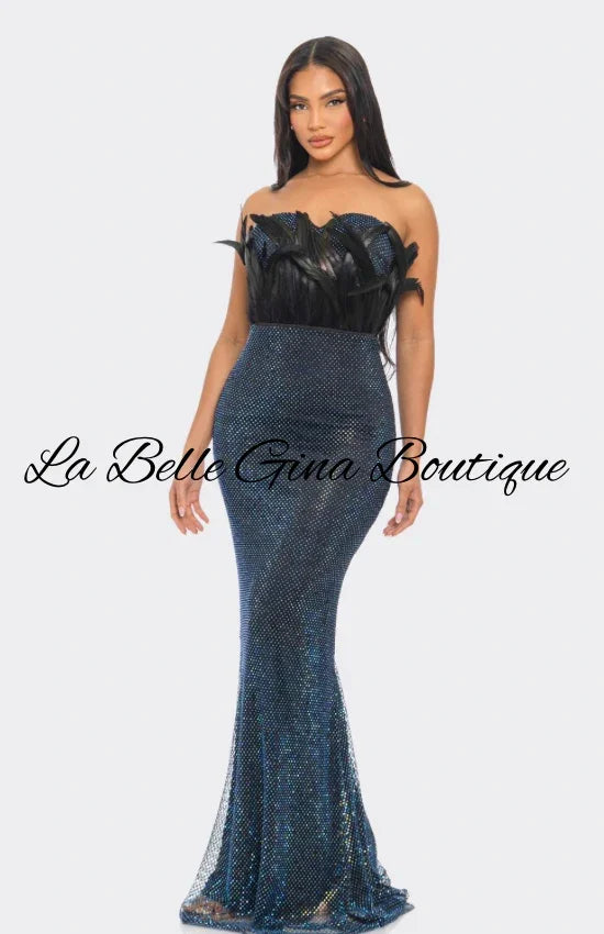 Strapless Blue Rhinestone Feather Mermaid Gown – Elegant Evening & Prom Dress