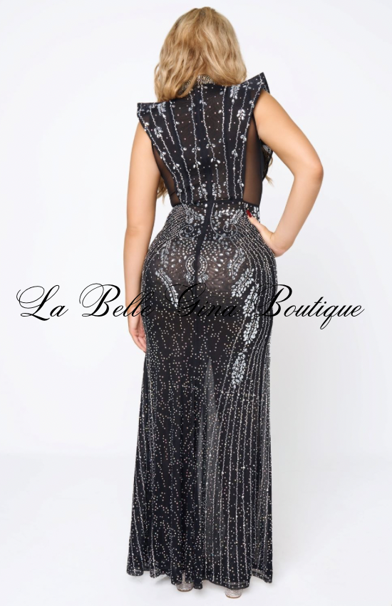 Luxury Rhinestone High-Slit Mesh Evening Gown – Sheer Crystal Embellished Formal Dress