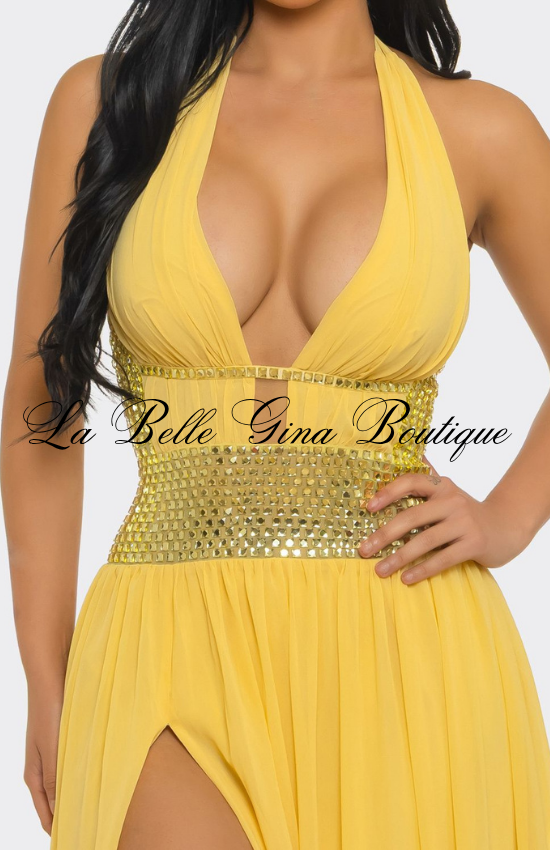 Sexy Halter Maxi Dress with Rhinestone Waist | Elegant Slit Evening Gown