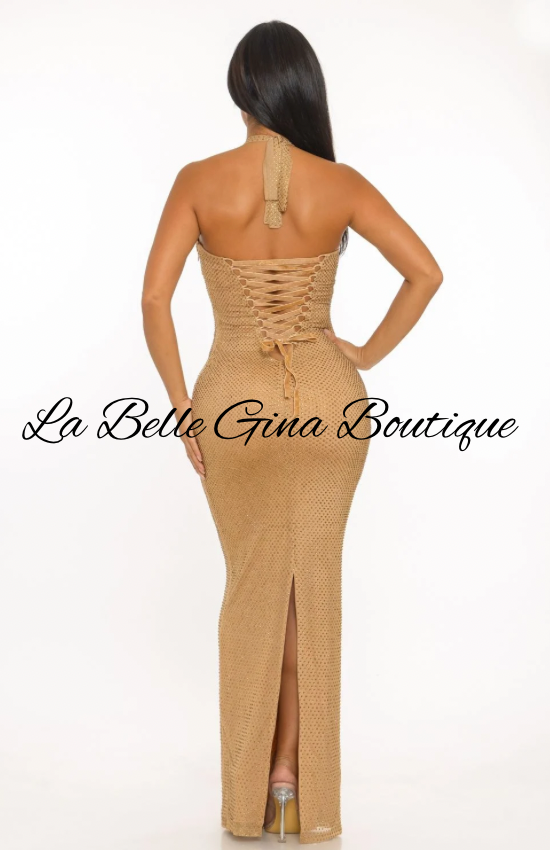 Luxury Sparkle Halter Maxi Gown – Curve Hugging Back Lace-Up Evening Dress | La Belle Gina Boutique