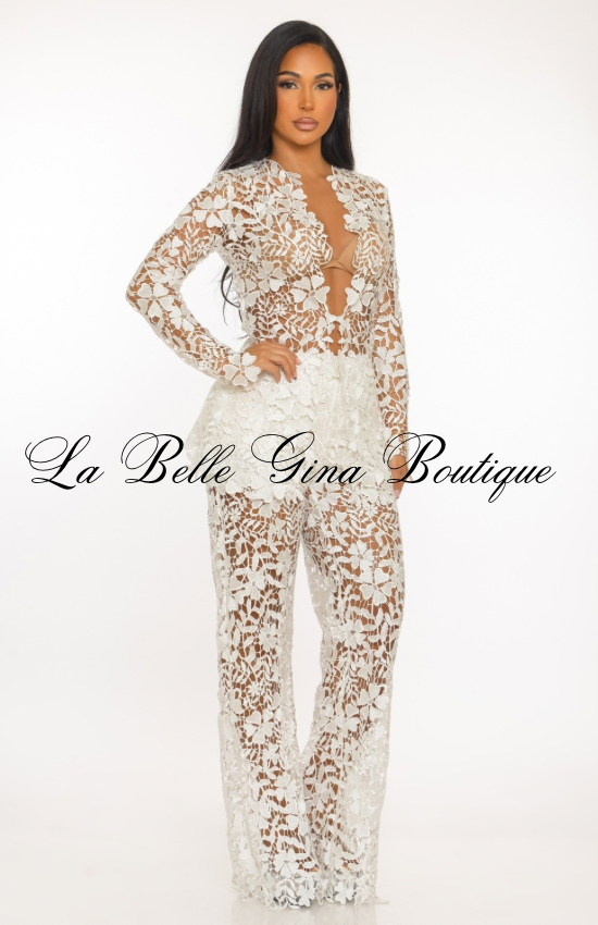 Floral Sheer Lace Jumpsuit Set – Elegant Long Sleeve See-Through Pantsuit | Evening, Birthday & Special Occasion Outfit
