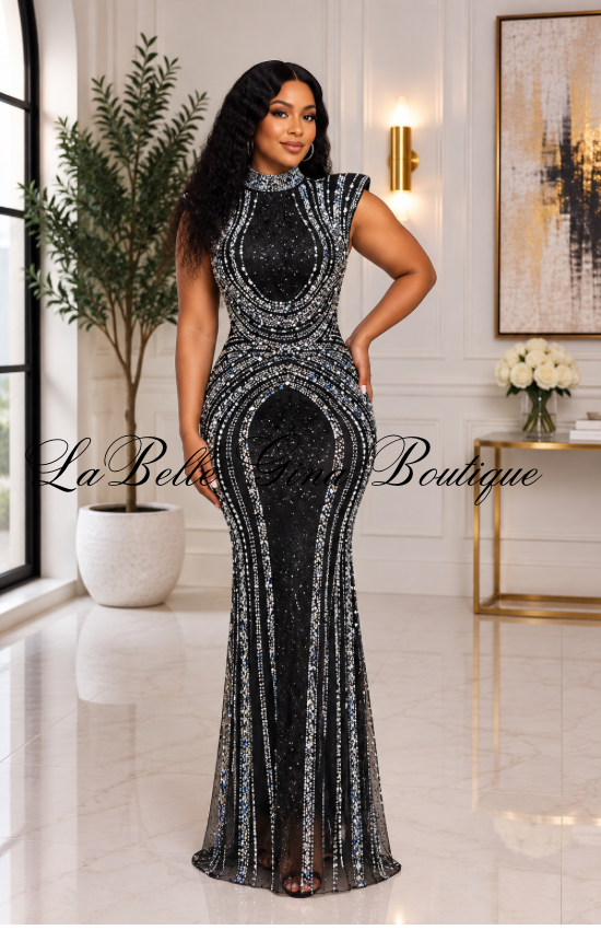Midnight Majesty Black Rhinestone Mermaid Gown – Sheer Sparkle Evening Dress