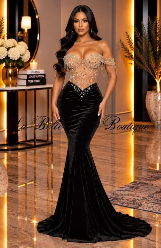 Royal Glam Rhinestone Corset Mermaid Maxi Dress – Luxury Off-Shoulder Velvet Evening Gown