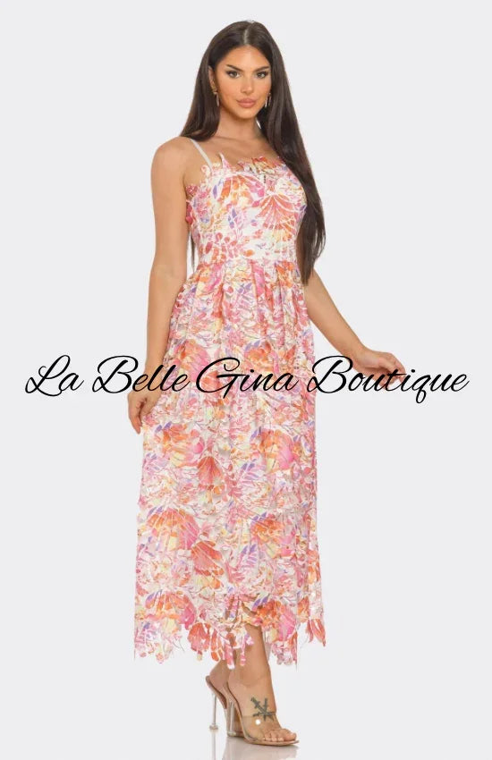 Floral Lace Maxi Dress – Summer Garden Party & Vacation Outfit.Pink Multi