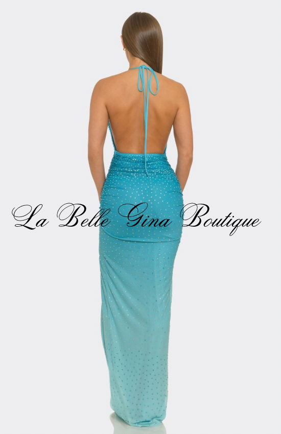 Tropical Glow Rhinestone Halter Maxi Dress – Deep V-Neck Ruched High-Slit Gown