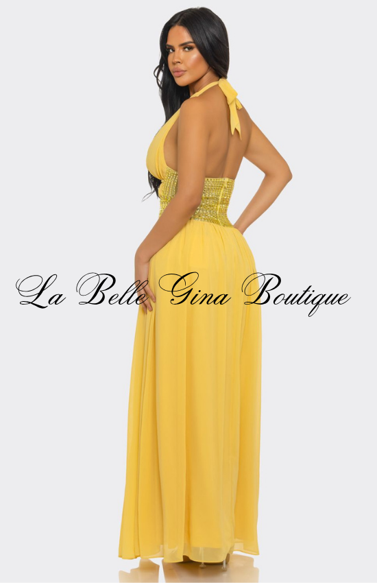 Sexy Halter Maxi Dress with Rhinestone Waist | Elegant Slit Evening Gown