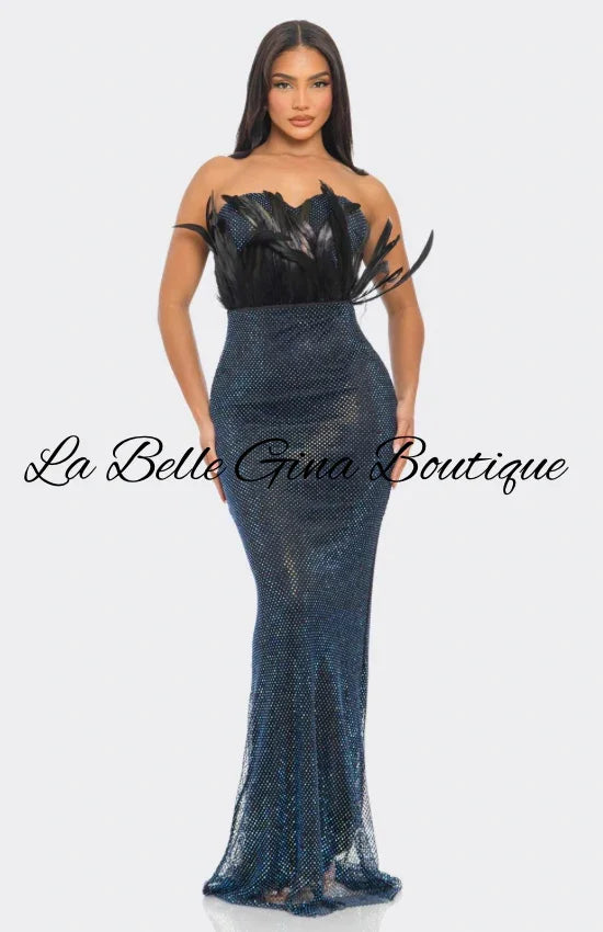 Strapless Blue Rhinestone Feather Mermaid Gown – Elegant Evening & Prom Dress