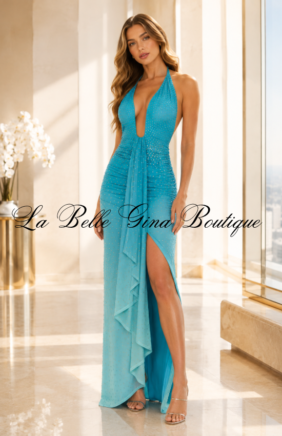 Tropical Glow Rhinestone Halter Maxi Dress – Deep V-Neck Ruched High-Slit Gown