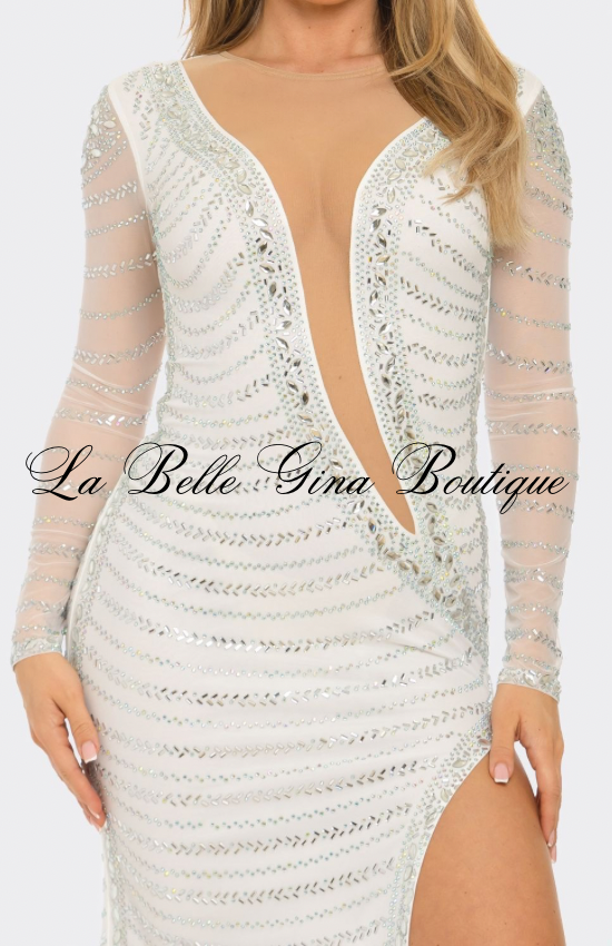 White Deep V Rhinestone Maxi Gown – Long Sleeve High Slit Luxury Evening Dress
