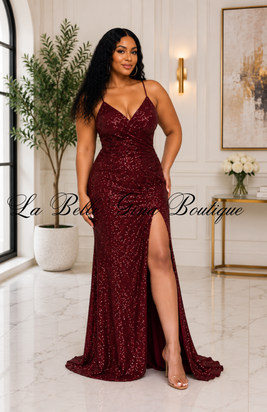 Sparkle Sequin Maxi Gown – Ruched High-Slit Formal Dress