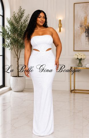 Rhinestone Strapless Maxi Dress – Elegant Cutout Evening Gown
