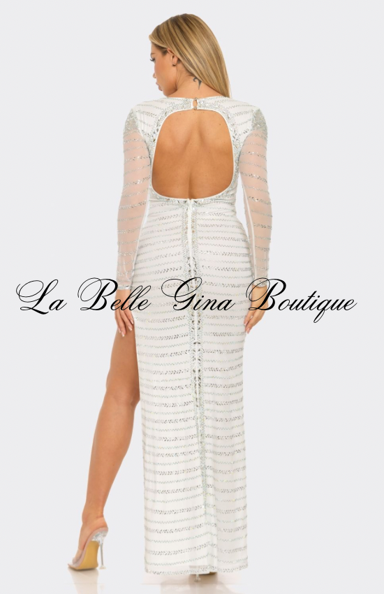 White Deep V Rhinestone Maxi Gown – Long Sleeve High Slit Luxury Evening Dress