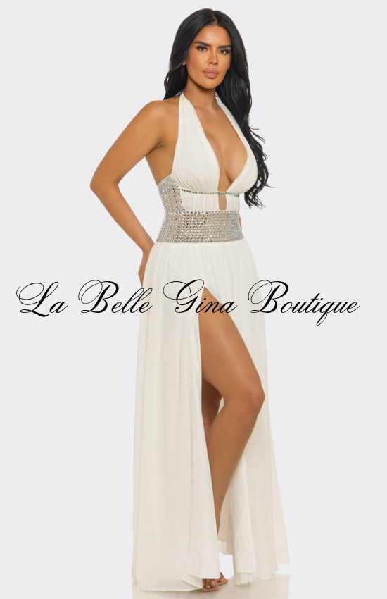 Sexy Halter Maxi Dress with Rhinestone Waist | Elegant Slit Evening Gown