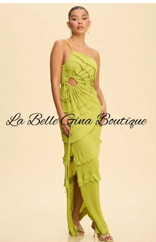 Selene Pleated Cutout Maxi Dress | Elegant One Shoulder Ruffle Dress | La Belle Gina Boutique