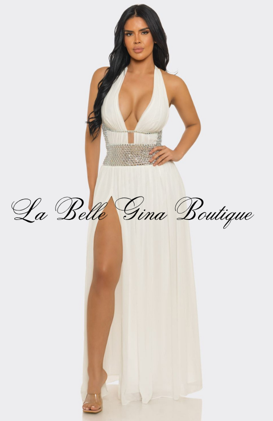 Sexy Halter Maxi Dress with Rhinestone Waist | Elegant Slit Evening Gown