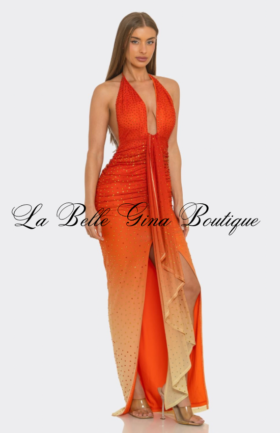 Tropical Glow Rhinestone Halter Maxi Dress – Deep V-Neck Ruched High-Slit Gown