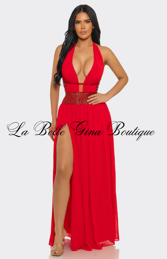 Sexy Halter Maxi Dress with Rhinestone Waist | Elegant Slit Evening Gown