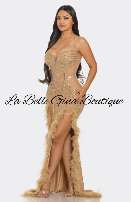 Feather Rhinestone Mesh Cutout Gown – Luxury Evening Maxi Dress