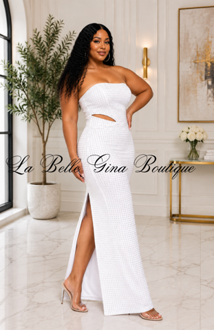 Rhinestone Strapless Maxi Dress – Elegant Cutout Evening Gown